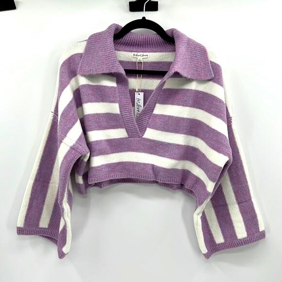For Love & Lemons Maud Boxy Crop Sweater - Purple/White - Large - NWT - Picture 2 of 9